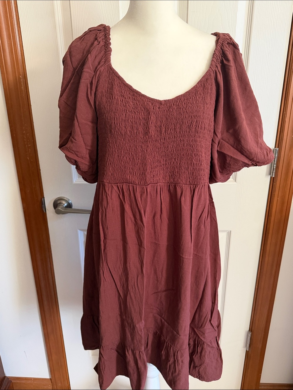 Smocked Puff-Sleeve Midi Dress in brown